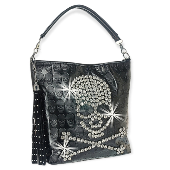 Handbags - Black Skull Glam Rhinestone Bling Vegan Leather Handbag